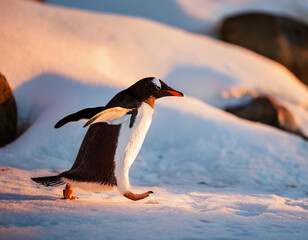 Fototapeta premium A Gentoo penguin waddles across snowy terrain in warm sunset light, displaying its distinctive black and white coloring and orange beak.