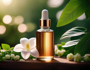 A golden glass dropper bottle of essential oil sits elegantly among white flowers and green leaves with soft bokeh lighting in the background.