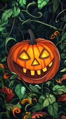 Smiling Jack O Lantern Hidden In Lush Foliage