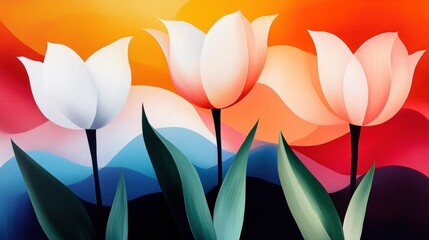 spring garden aesthetics, lively tulips and green grass under a playful sky, an enchanting nod to the reawakening of spring