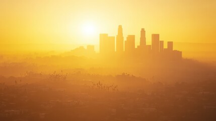 Fototapeta premium Golden Dawn Haze Over City Skyline