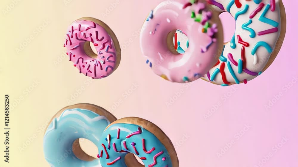 Aufkleber Three appetizing donuts with different icing and toppings are falling against a vibrant gradient background, creating a playful and tempting scene