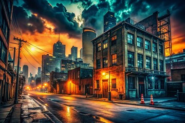 Obraz premium Retro Orange Grunge Night Cityscape - Urban Decay Texture Stock Photo