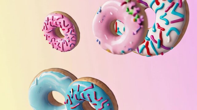 Three appetizing donuts with different icing and toppings are falling against a vibrant gradient background, creating a playful and tempting scene