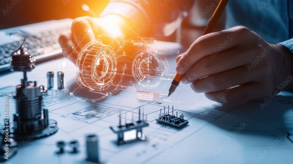 Poster engineer designing circuit schematics for technological innovation