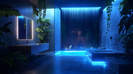 A luxury poolside bathroom with ambient lighting and water features.