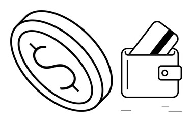 Oversized dollar coin, wallet, and a credit card emphasizing financial transactions and currency. Ideal for banking, money management, e-commerce, savings, investments, budgeting and payment