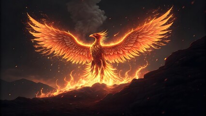Majestic Firebird Rising from Ashes with Flaming Wings
