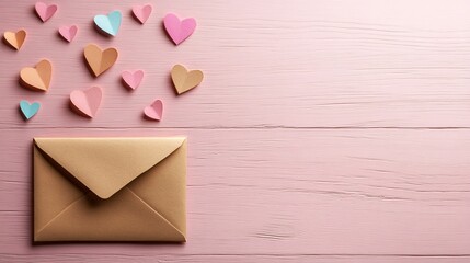 Valentine’s or anniversary theme: love letter envelope with paper craft hearts, pink background, flat lay style, empty space for custom text or design.