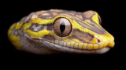 Obraz premium Gecko Portrait: A close-up portrait of a vibrant, yellow and brown patterned gecko with large, expressive eyes staring directly at the viewer.