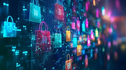 Fototapeta premium Futuristic E-commerce Interface with Vibrant Digital Shopping Bags