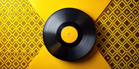 Retro Vinyl Record Geometric Pattern Silhouette, Yellow Background, Music Animation