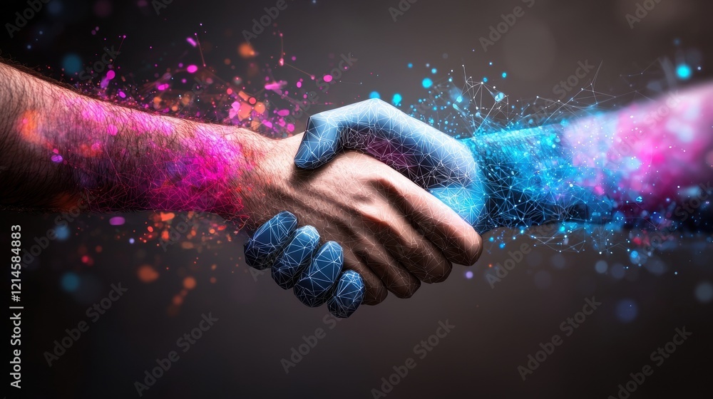 Poster two hands shaking in agreement over a bright colorful background with abstract patterns