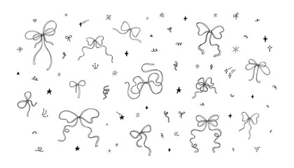 Cute line doodle tied ribbon bow hand drawn set. Confetti, firework, bling, star, light, twinkle magic effect. Sketch crayon, charcoal, pencil scribble, squiggle drawings. Birthday party background