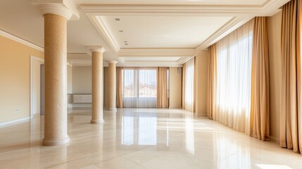 Obraz premium A spacious open-plan apartment with decorative stucco, light pastel tones, marble columns, and beige walls illuminated by large windows.