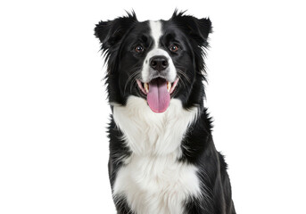 Fototapeta premium Happy black and white border collie dog sitting with tongue out, isolated on white background