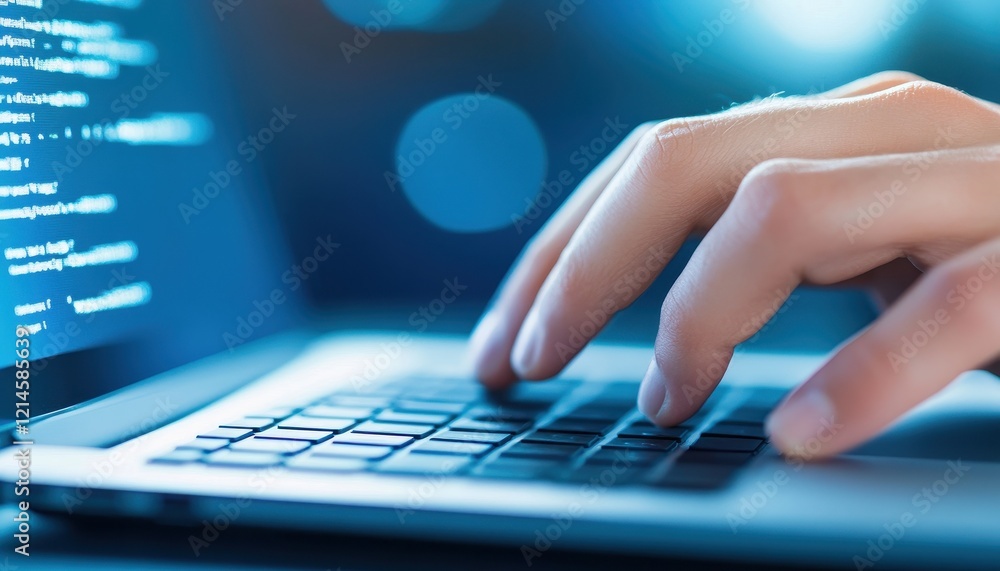 Aufkleber close-up of hands typing code on a laptop keyboard at night with a blurred background of code
