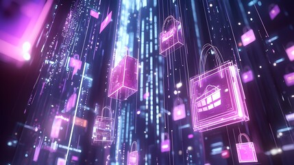 Obraz premium Futuristic Digital Marketplace with Floating Shopping Icons and Glowing Technological Effects