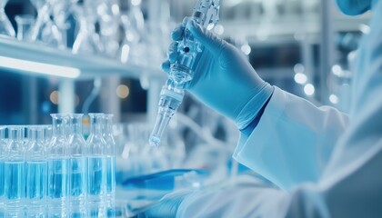 Fototapeta premium Close-up of Scientist's Hand in Glove Holding Test Tube with Blue Liquid in a Modern Laboratory Setting