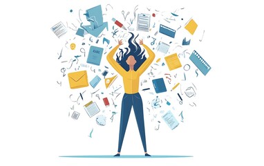 Obraz premium Woman overwhelmed by paperwork, stressed office worker, chaos, abstract background, conceptual illustration, for use in articles, presentations, or digital marketing