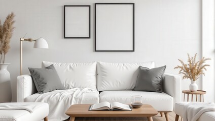 A cozy scene featuring an eye-level shot of a pristine white leather couch adorned with soft gray pillows, draped in a crisp white blanket across the left armrest. Completing the inviting look is a sl