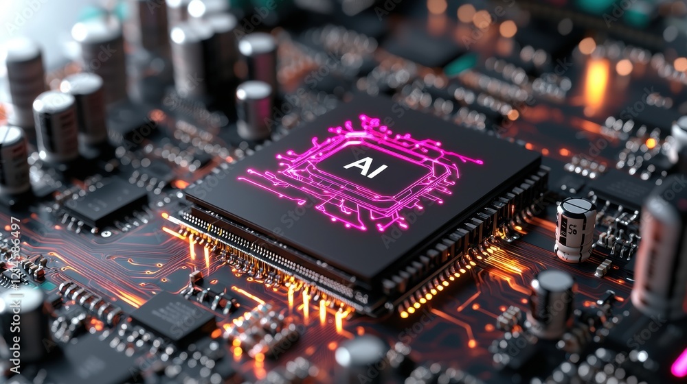 Poster computer processor with a glowing pink logo on its surface illustrating technology and design
