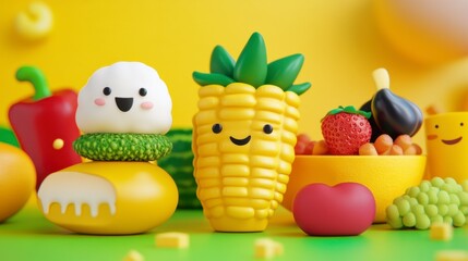 Cute Cartoon Fruits and Vegetables in a Colorful Arrangement