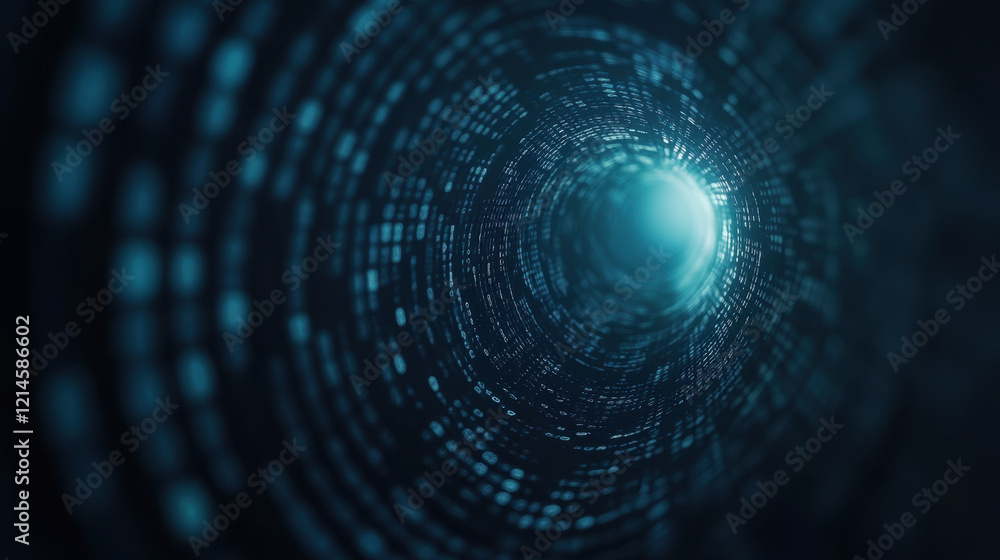 Poster a mesmerizing digital tunnel of light and data, suggesting depth and motion through a swirling patte