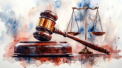 Watercolor painting of gavel and scales of justice.
