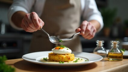Chef plating açorda with poached egg and fresh parsley in modern kitchen setting
