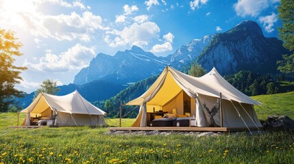 Glamping tents in mountain meadow, sunrise