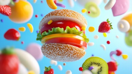 Colorful Floating Burger Surrounded by Fruits and Sweets in Air