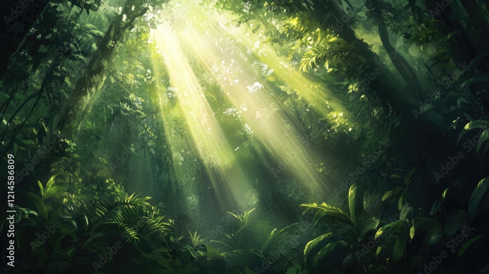 Aufkleber soft sunlight breaking through the canopy in a dense rainforest, creating magical rays that light up