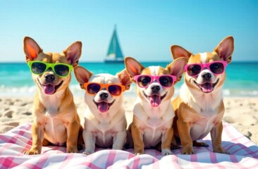 Four happy dogs sit on a blanket in the sand, sporting bright sunglasses as they soak up the sun by the ocean