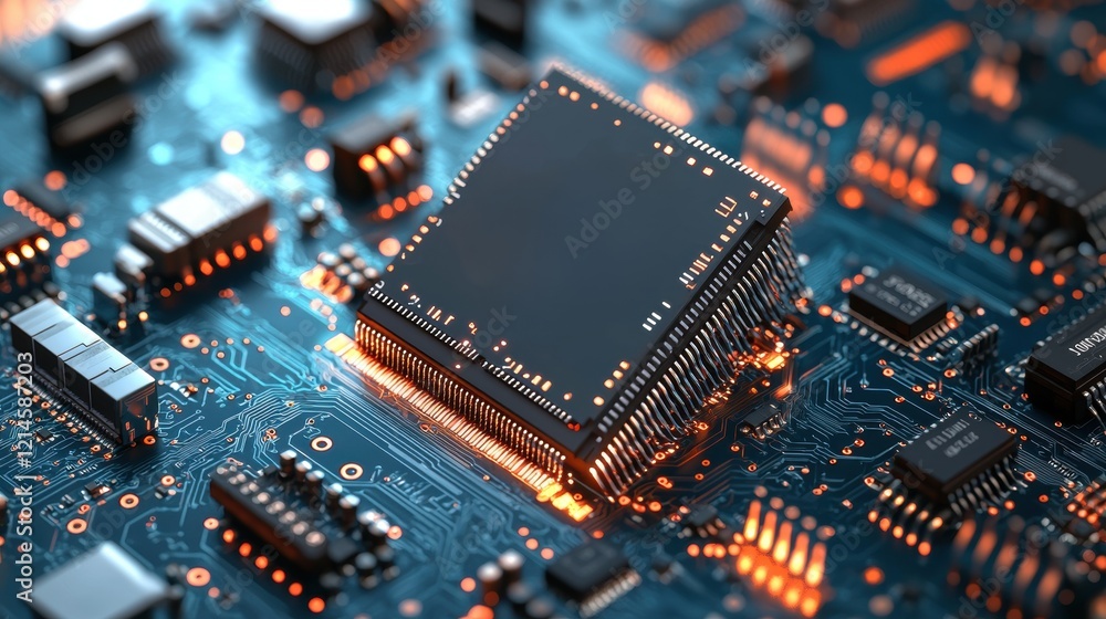 Poster close-up of a computer chip placed on a circuit board with electronic components and connections
