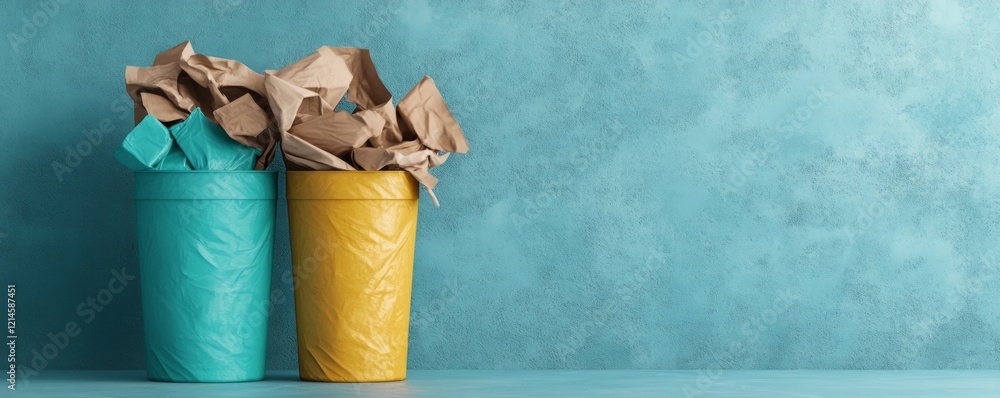 Poster minimize and efficiency concept, colorful trash bins filled with crumpled paper on a textured backdr