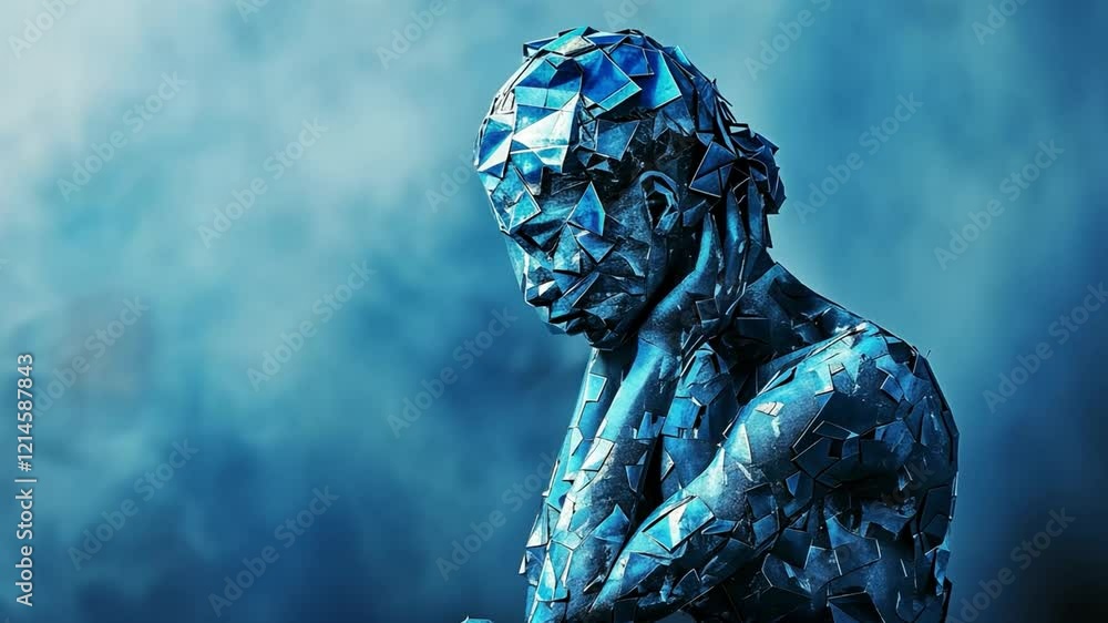 Fototapete a figure sits in a reflective pose, covered in intricate blue geometric shapes that resemble crystal
