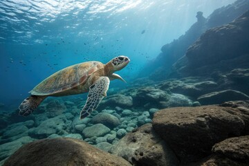 Obraz premium Ancient sea turtle species megalochelys in a rocky sea, ancient wildlife, coastal geology, marine paleontology, ancient turtles