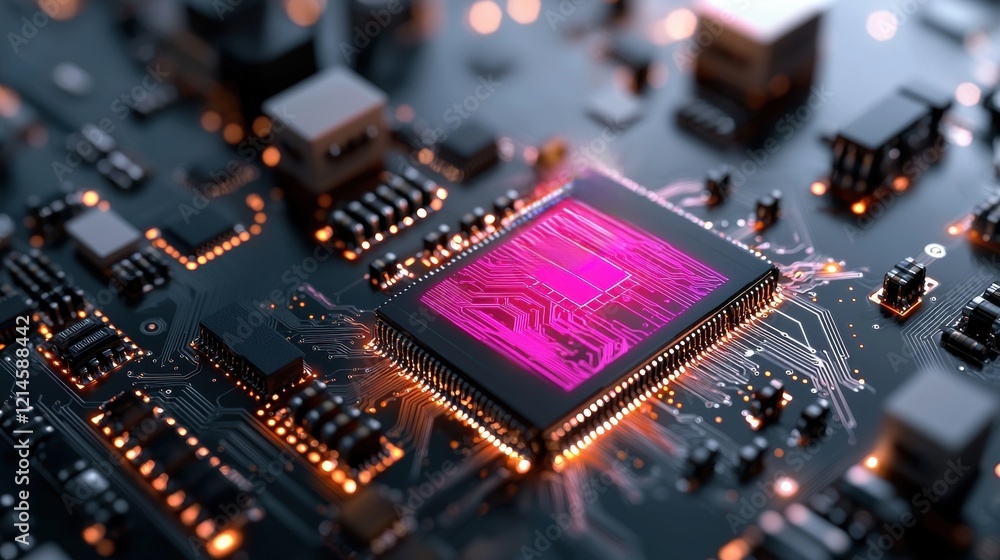 Poster computer chip placed on top of a printed circuit board with various electronic components