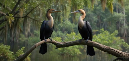 Obraz premium Anhinga perched on a cypress branch in Florida wetlands, aquatic bird, swamp habitat
