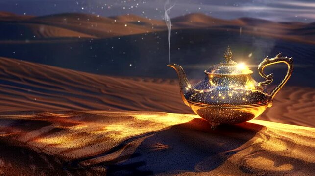 Magical golden lamp glowing in the desert under a starry night. Seamless looping animation video background