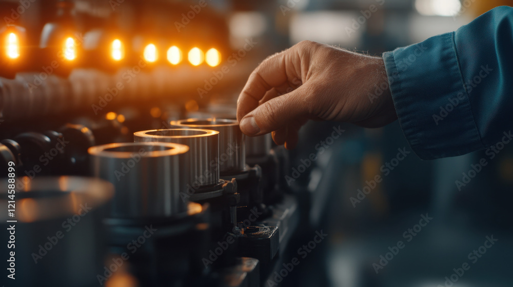 Poster a close-up of a hand adjusting a machine component in a factory, with glowing indicators highlightin
