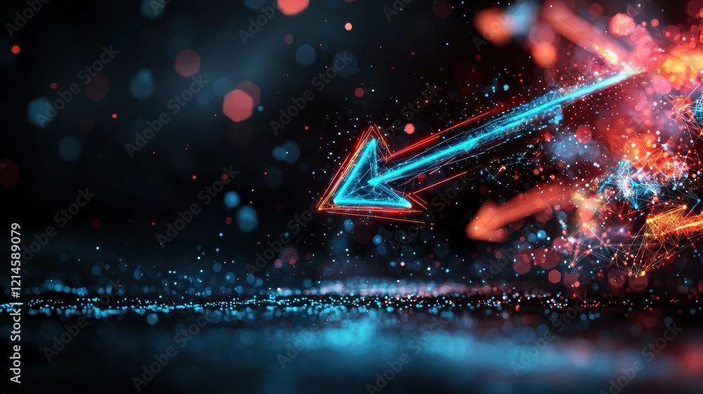 Poster colorful abstract background featuring a prominent blue arrow in a dynamic composition of shapes and