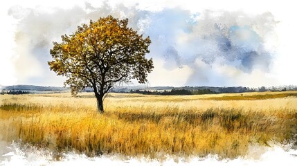 Fototapeta premium Autumn Tree in Golden Field Watercolor Landscape Painting