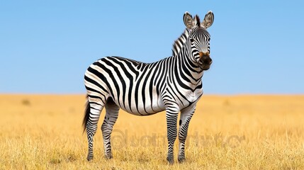 Naklejka premium Zebra standing in a field of tall grass with clear blue sky in the background during daylight hours