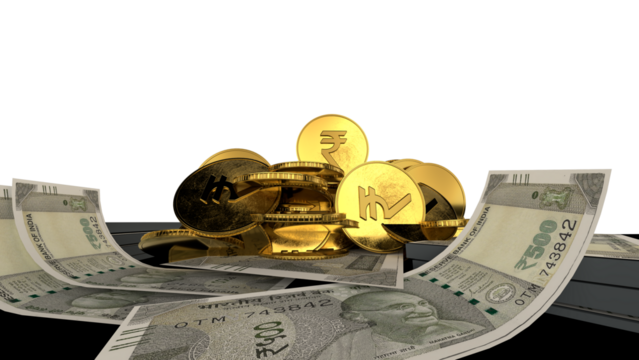 Golden Indian rupee sign and Indian currency coin isolated on 3d render. bearish and bullish golden arrow stock market background.	