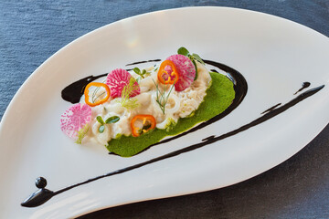 seafood salad with a pea puree