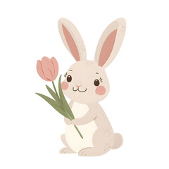Fototapeta premium Adorable watercolor bunny illustration featuring a cute rabbit in a pastel dress, holding a tulip, perfect for Easter, nursery decor, greeting cards, kids' projects, invitations, spring-themed