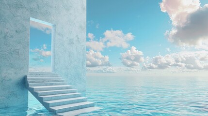 Obraz premium Enigmatic Staircase Vanishing Into Tranquil Waters Under a Bright Blue Sky