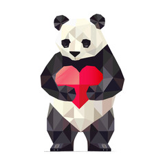 Polygonale Panda-Illustration in Schwarz-Weiß mit geometrischem Design, der ein rotes Herz hält. Modern, süß und symbolisch für Liebe und Freundlichkeit. © namosh
